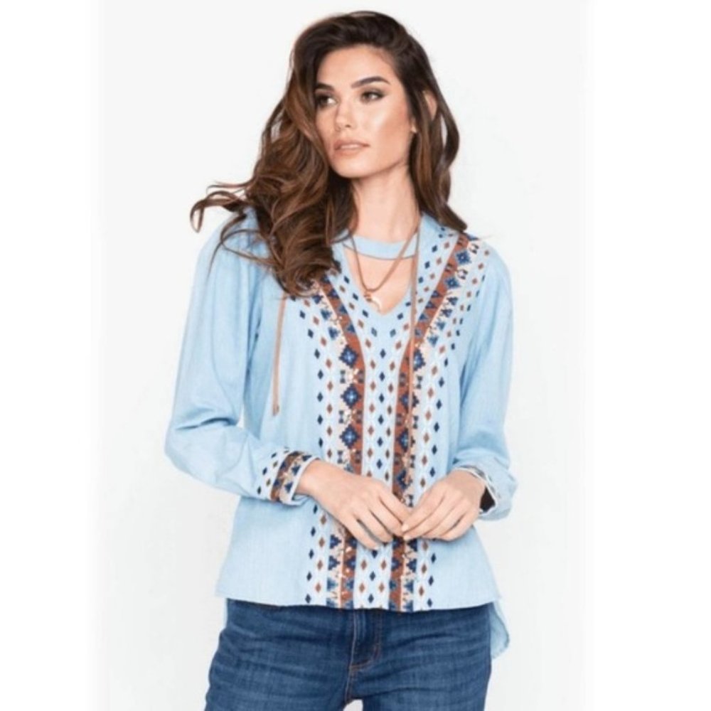 NWT Miss Me ladies light blue top, with embroidery around the neck and front